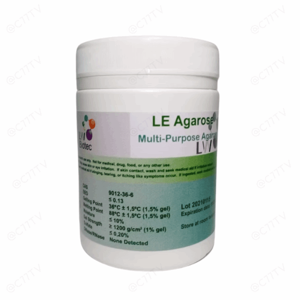 Agarose para gel de eletroforese de DNA, Pureza >99%, Sensibilidade gel 1% >1.200 g/cm2, EEO < 0.13, CAS 9012-36-6. Frasco com 100 g.